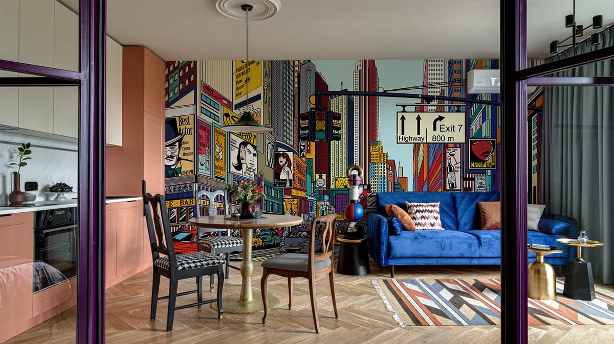 Vibrant Urban Comic Cityscape mural in modern living room, herringbone floor, blue sofa, eclectic decor.