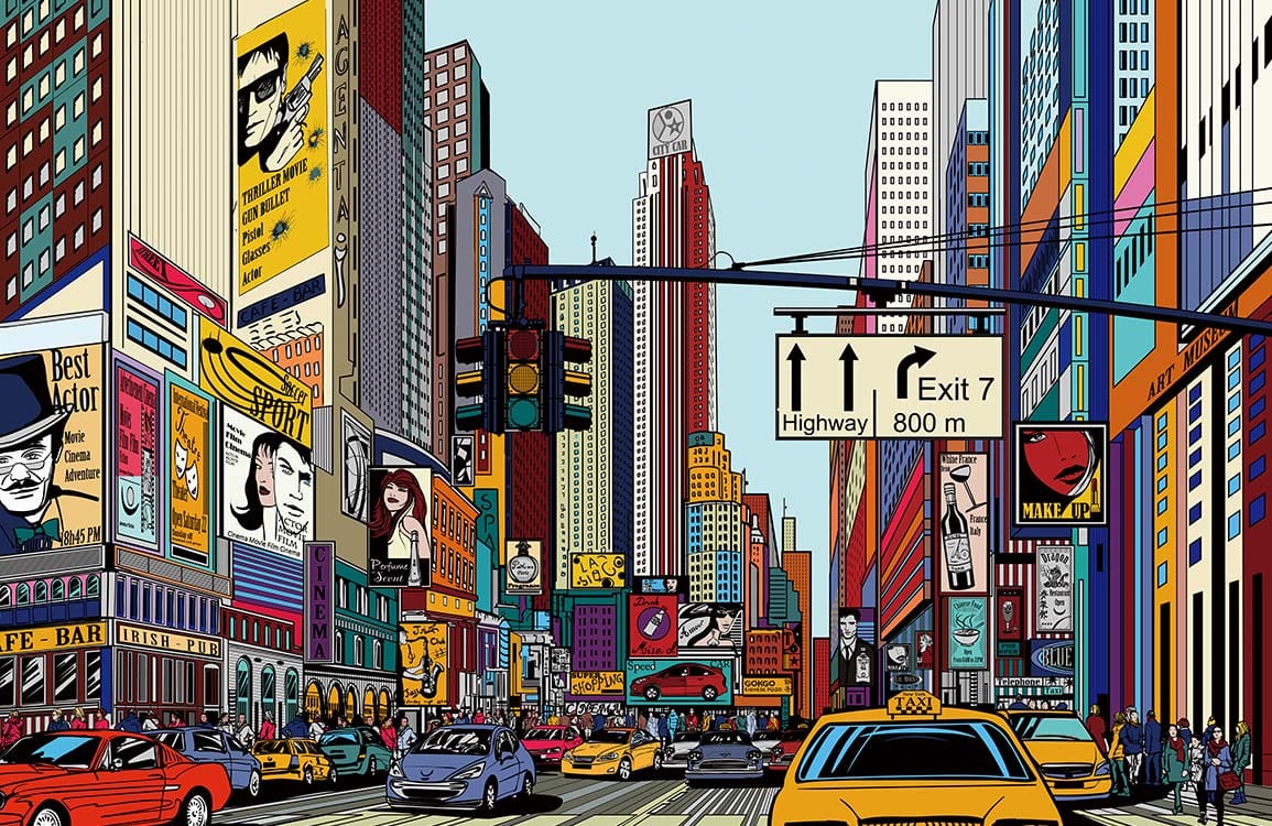 Vibrant Urban Comic Cityscape Mural Wallpaper - Multicoloured Modern Design
