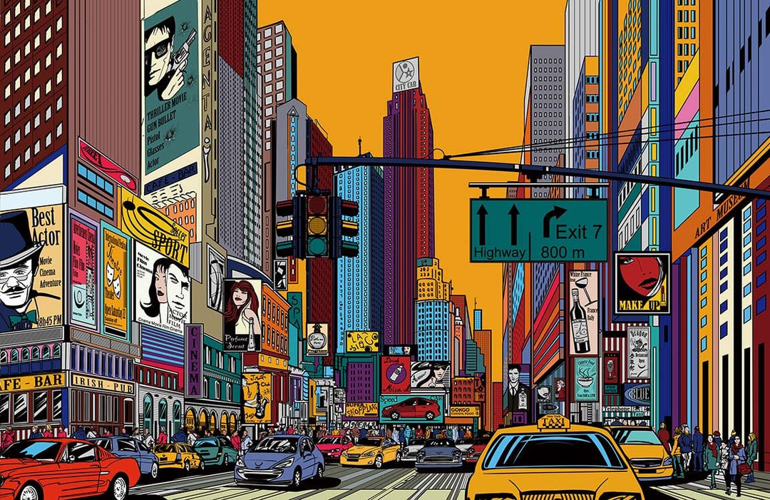 Pop Art Style Urban Cityscape Mural Wallpaper in Vibrant Multicolours