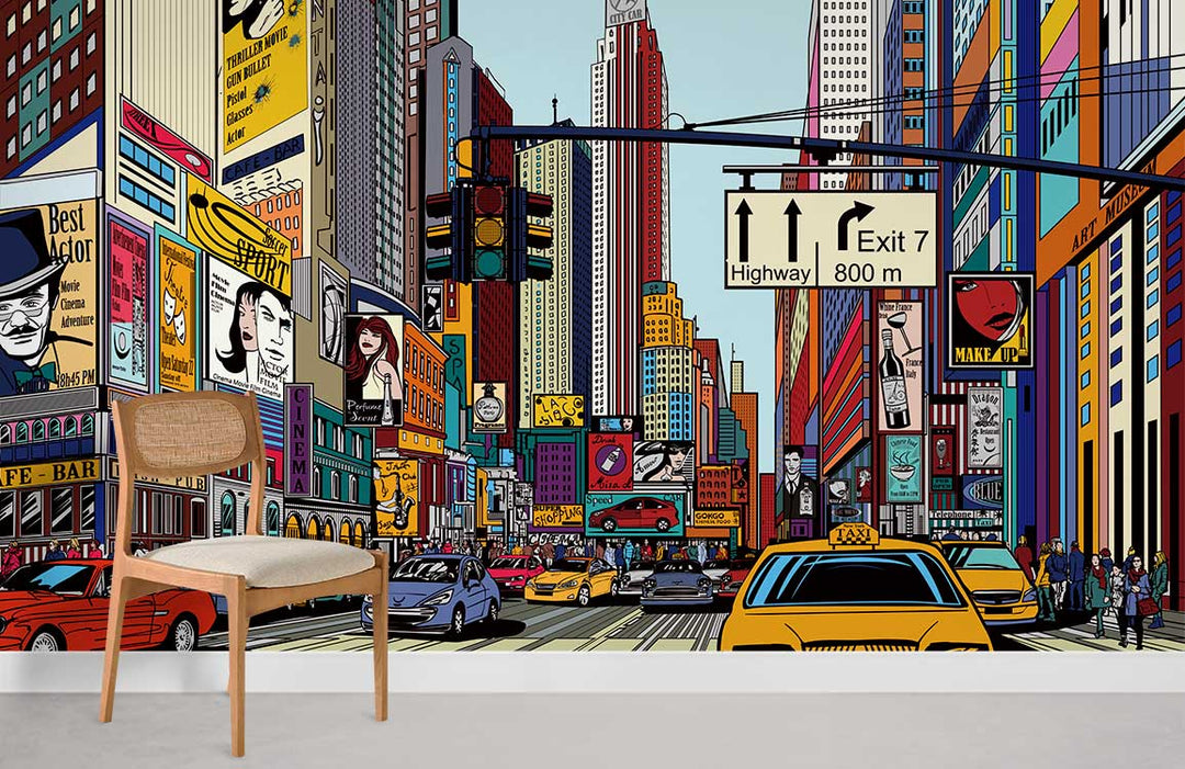 Vibrant urban mural wallpaper in living room with modern chair; colourful cityscape design accentuates space.