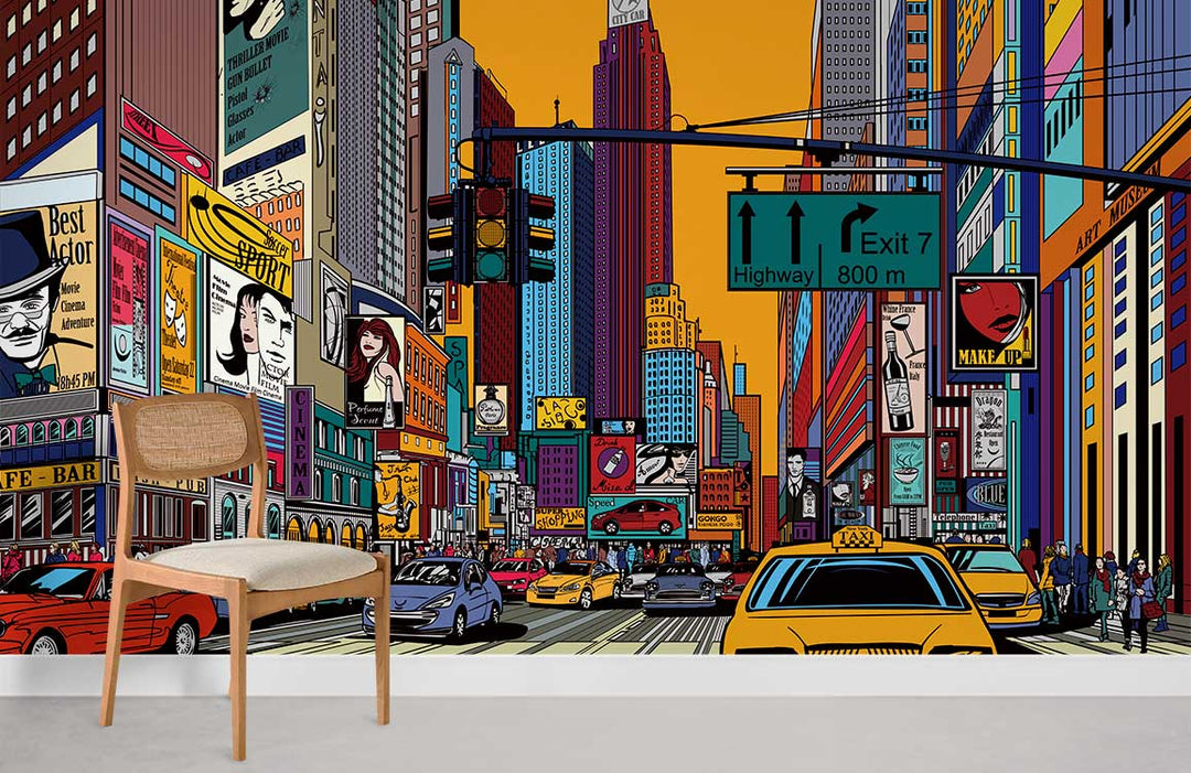 Pop Art urban cityscape mural wallpaper with chair, vibrant multicolours, white wall, minimal style room.