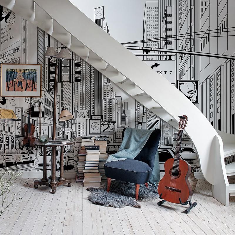 Monochrome cityscape mural wallpaper with blue modern chair, white staircase, wooden flooring, guitar, Nordic style.