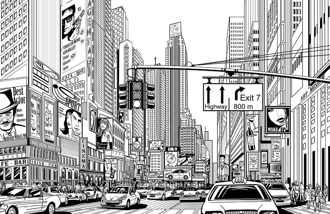 Monochrome Urban Cityscape Graphic Mural Wallpaper - Modern Stylish Design