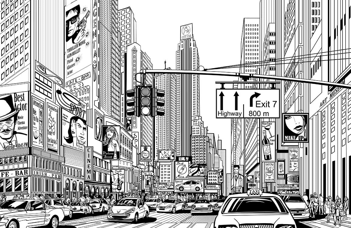 Monochrome Urban Cityscape Graphic Mural Wallpaper - Modern Stylish Design