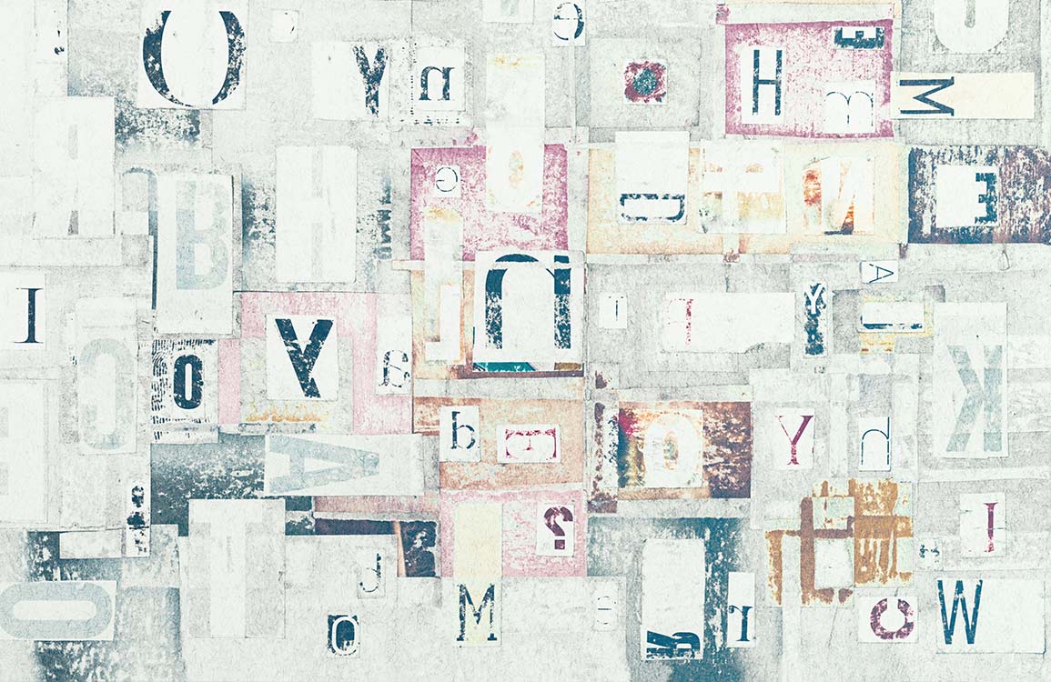 Vintage Letters Collage Mural Wallpaper in Soft Pastel Tones for Modern Decor
