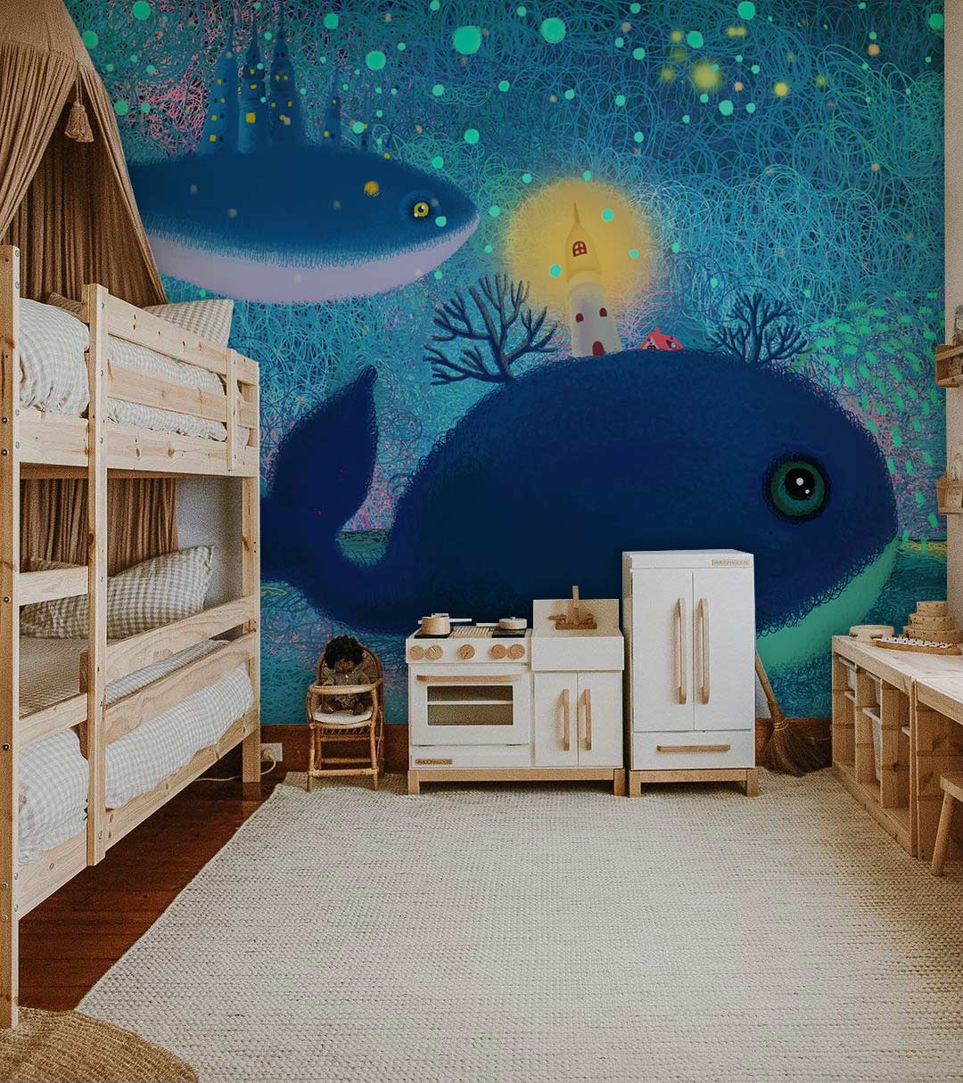 Enchanting Underwater Nightscape Whale Wallpaper in vibrant nursery with wooden bunk beds and play kitchen.