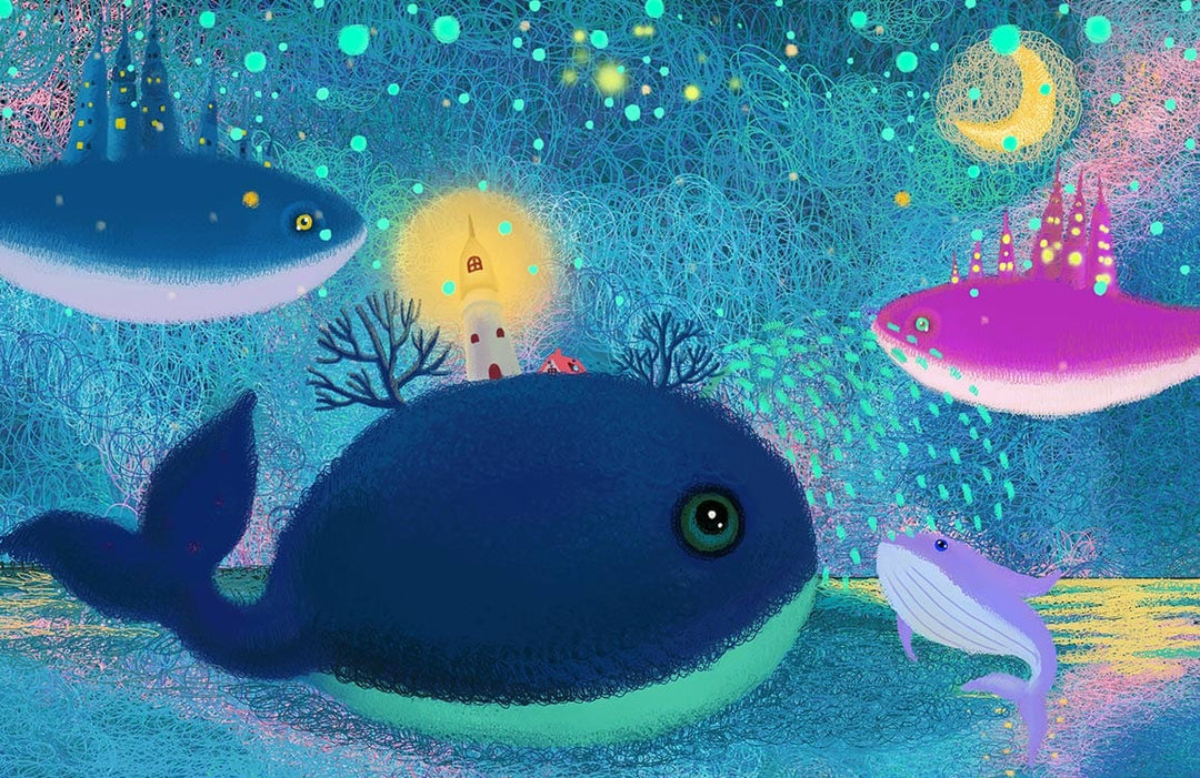 Enchanting Underwater Nightscape Whale Wallpaper - Vibrant Blue and Pink Fantasy