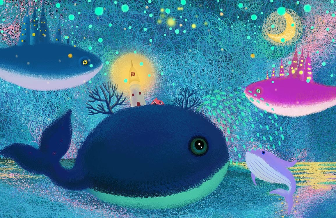 Enchanting Underwater Nightscape Whale Wallpaper - Vibrant Blue and Pink Fantasy
