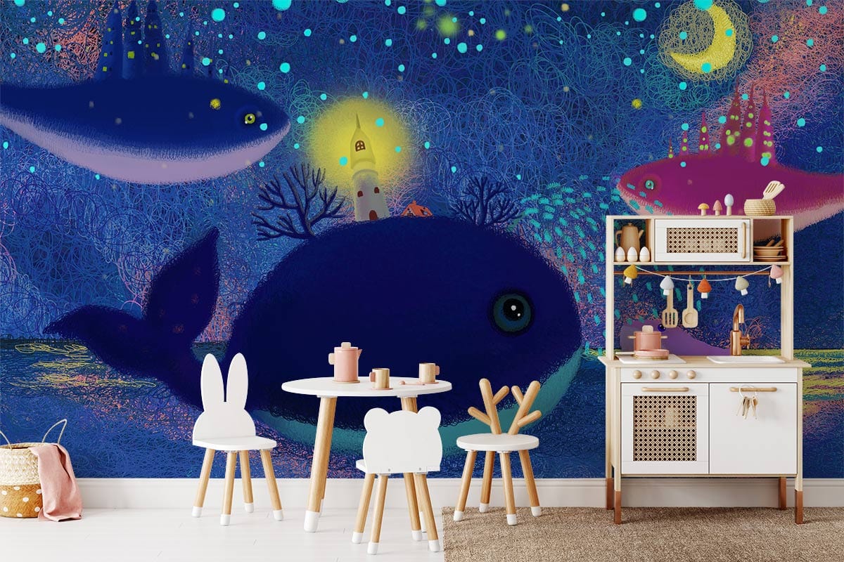 Fantasy ocean wallpaper with whales and lighthouse in child's room, wooden furniture, cosy decor.