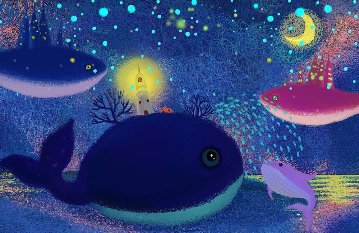 Enchanting Night Ocean Whales and Lighthouse Fantasy Mural Wallpaper Blue