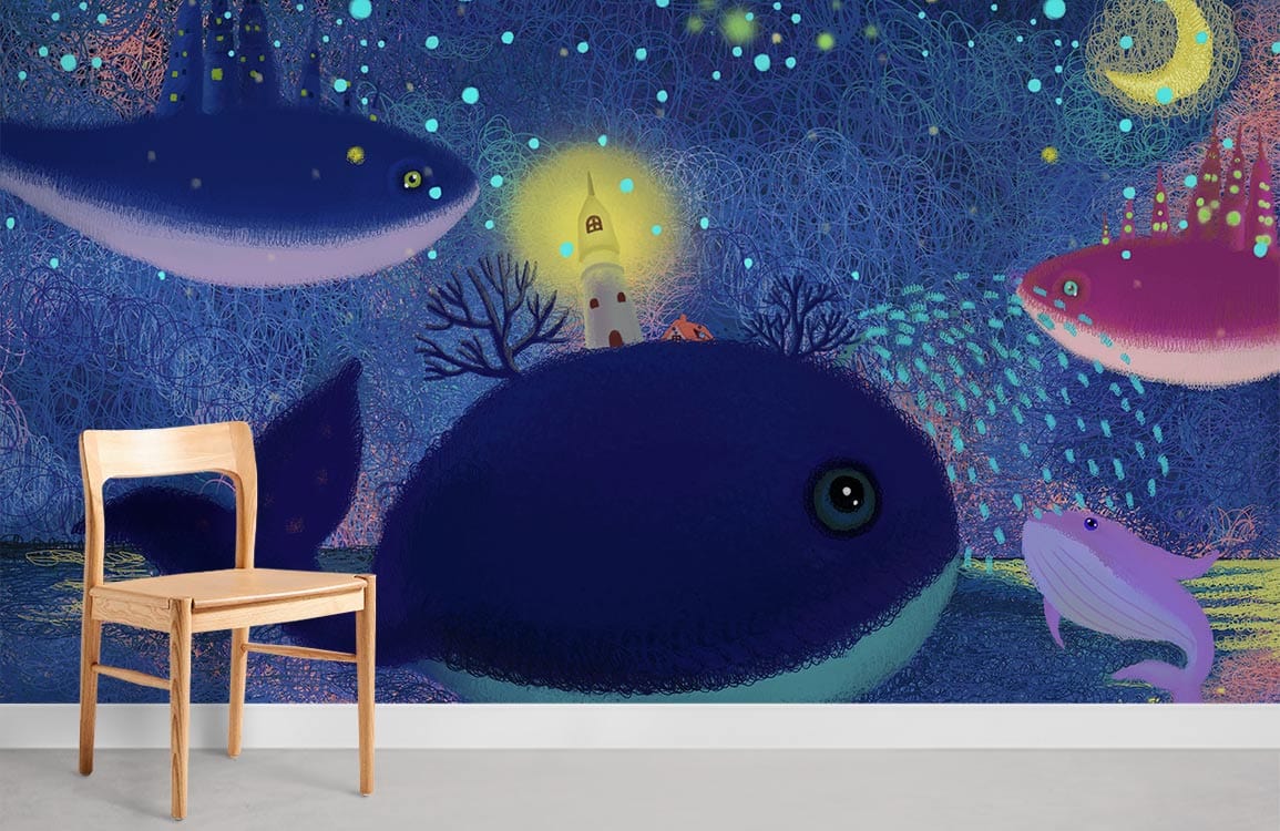 Enchanting night ocean whales mural with lighthouse, wooden chair, grey flooring, room wall art decor.
