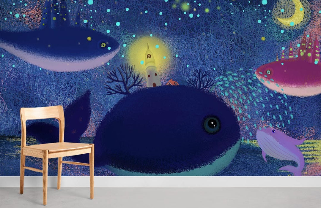 Enchanting night ocean whales mural with lighthouse, wooden chair, grey flooring, room wall art decor.