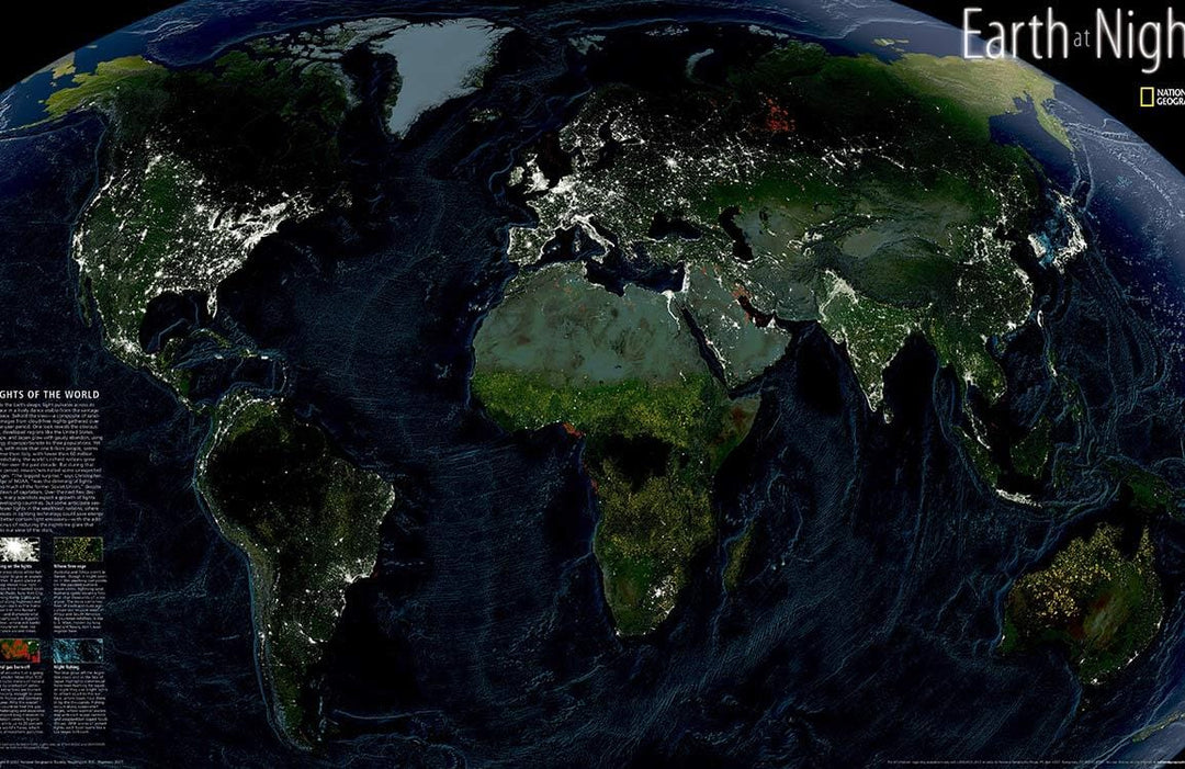Illuminated Earth at Night World Map Wallpaper Mural - Dark Style