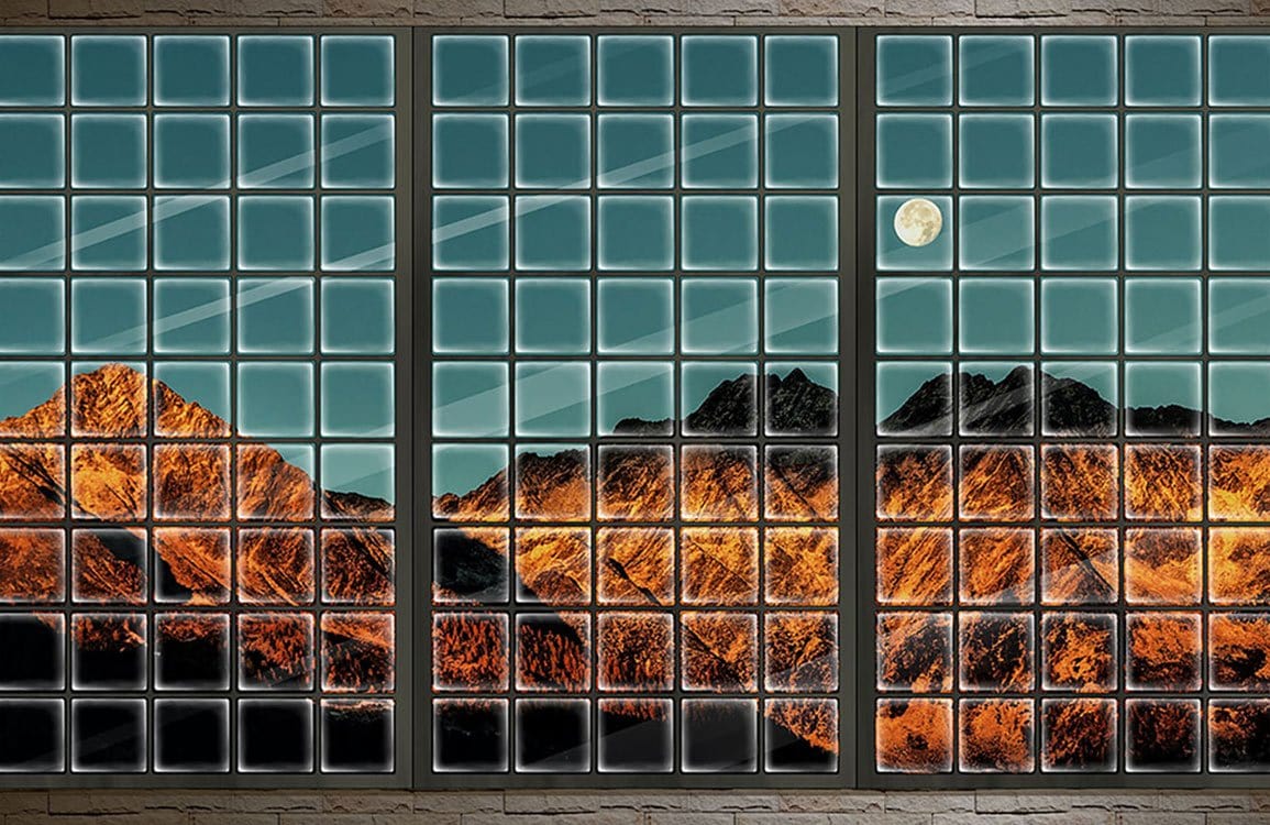 Sunlit Mountain Landscape Mural Wallpaper with Moonlit Sky in Blue and Orange