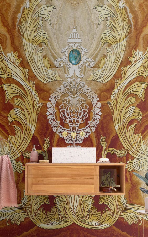 Ornate Gold Bathroom with Baroque Wallpaper, Wooden Vanity, Earth Tone Design, Luxurious Wall Interior.