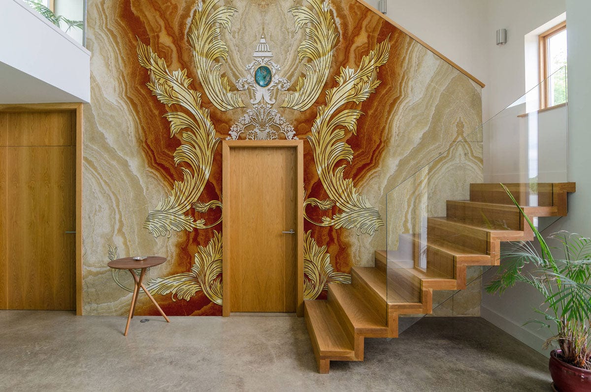 Ornate Gold Earth Tone Baroque Wallpaper in modern hallway, wooden doors, staircase, concrete flooring.