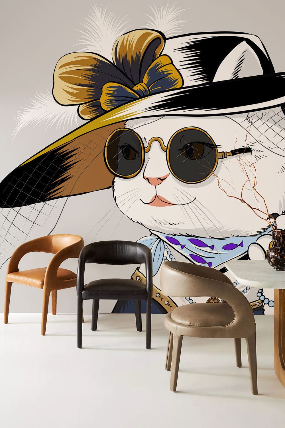 Elegant Cat in Hat vintage wallpaper; modern chairs; minimalistic room; chic accessories; stylish decor.