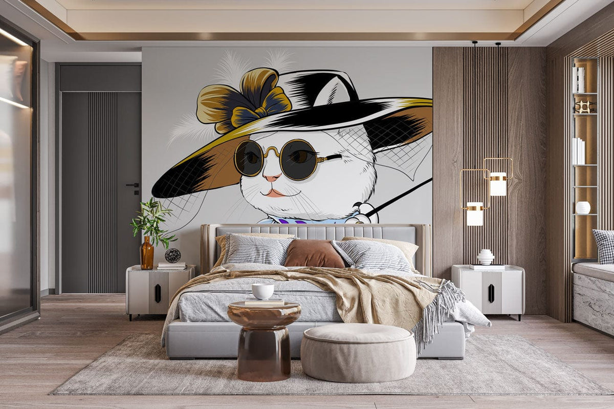 Elegant Cat in Hat Vintage Wallpaper, bedroom setting, modern furniture, wooden flooring, neutral decor.