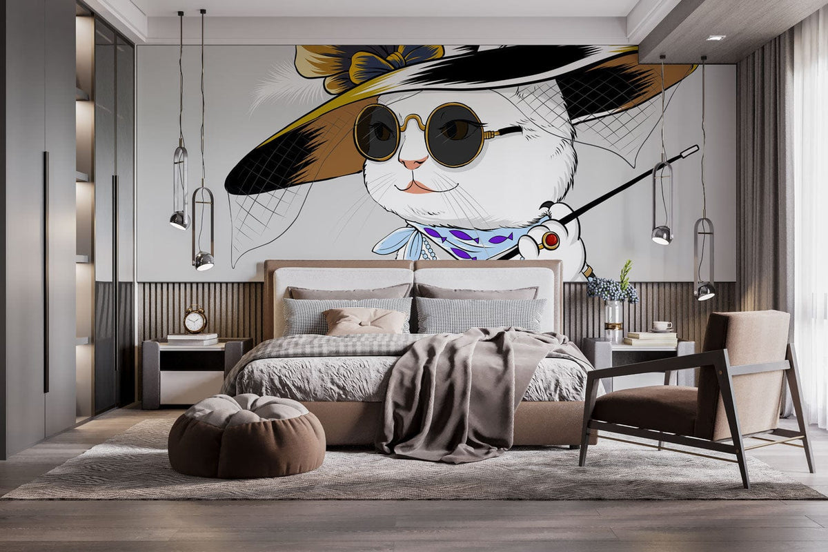 Elegant cat-themed vintage wallpaper, chic accessories, modern bedroom, grey walls, stylish furniture, soft flooring.