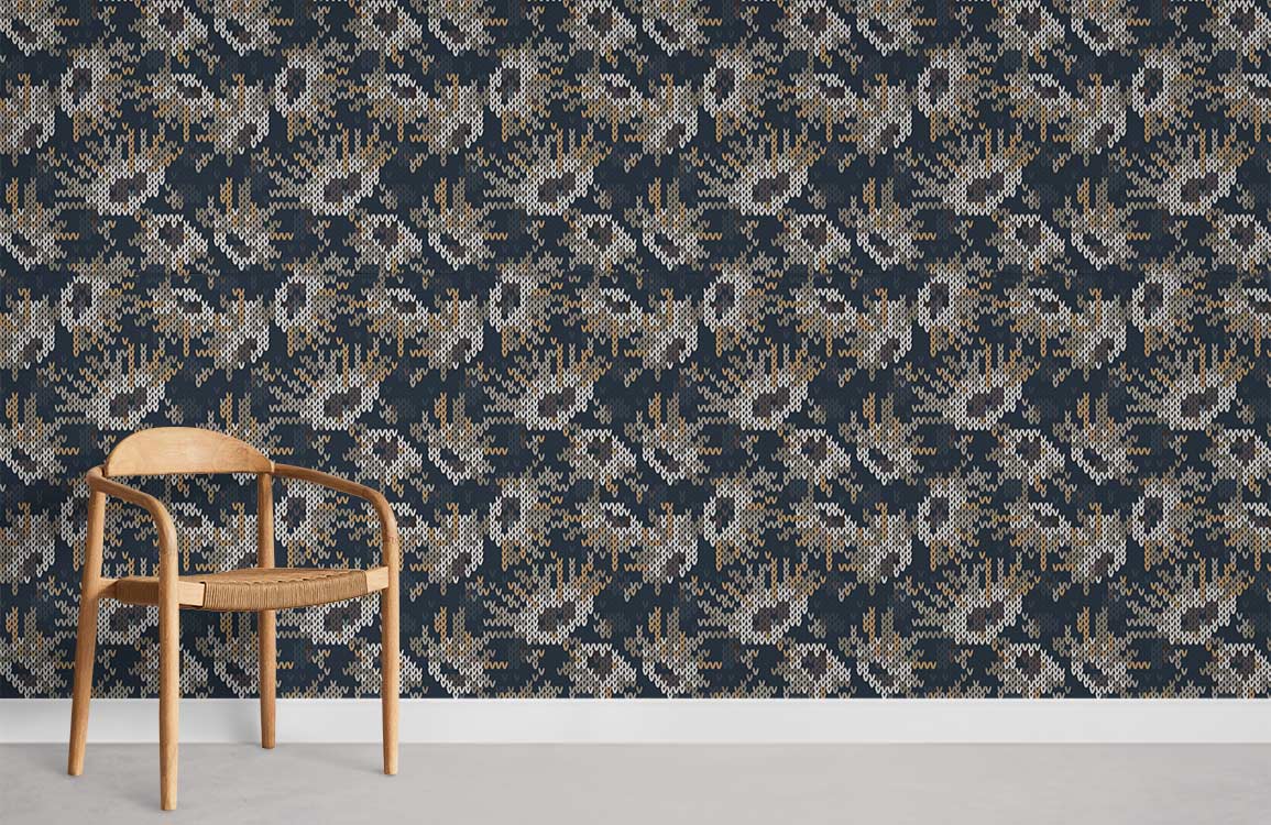 Elegant geometric patterned wallpaper in navy and gold with wooden chair and concrete flooring.