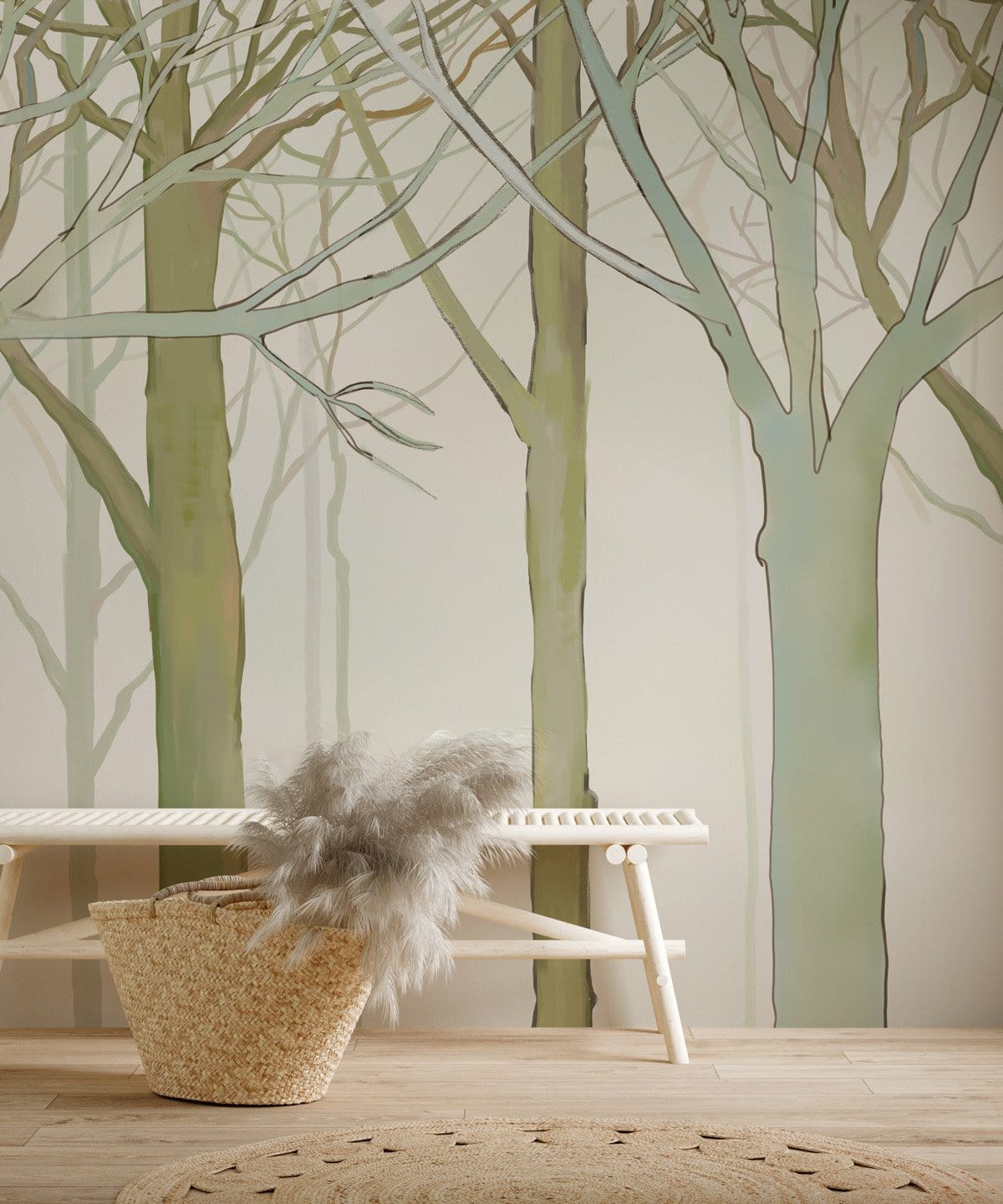 Serene Misty Forest Wallpaper Mural complements beige bench, natural flooring in a calming room setting.