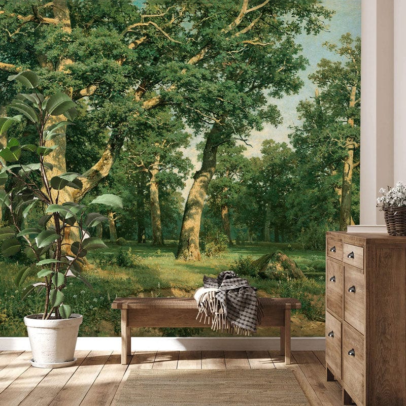 Timeless Oak Forest Scene Mural Wallpaper, wooden bench, hardwood floor, lush green landscape.