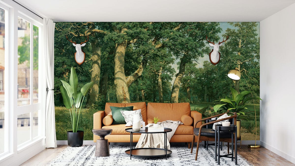 Oak Forest Scene Mural Wallpaper in living room with tan sofa, grey rug, and wooden flooring.