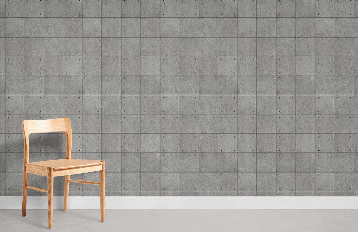 Contemporary grey stone tile wallpaper, modern interior, wooden chair, minimalist room, neutral flooring.