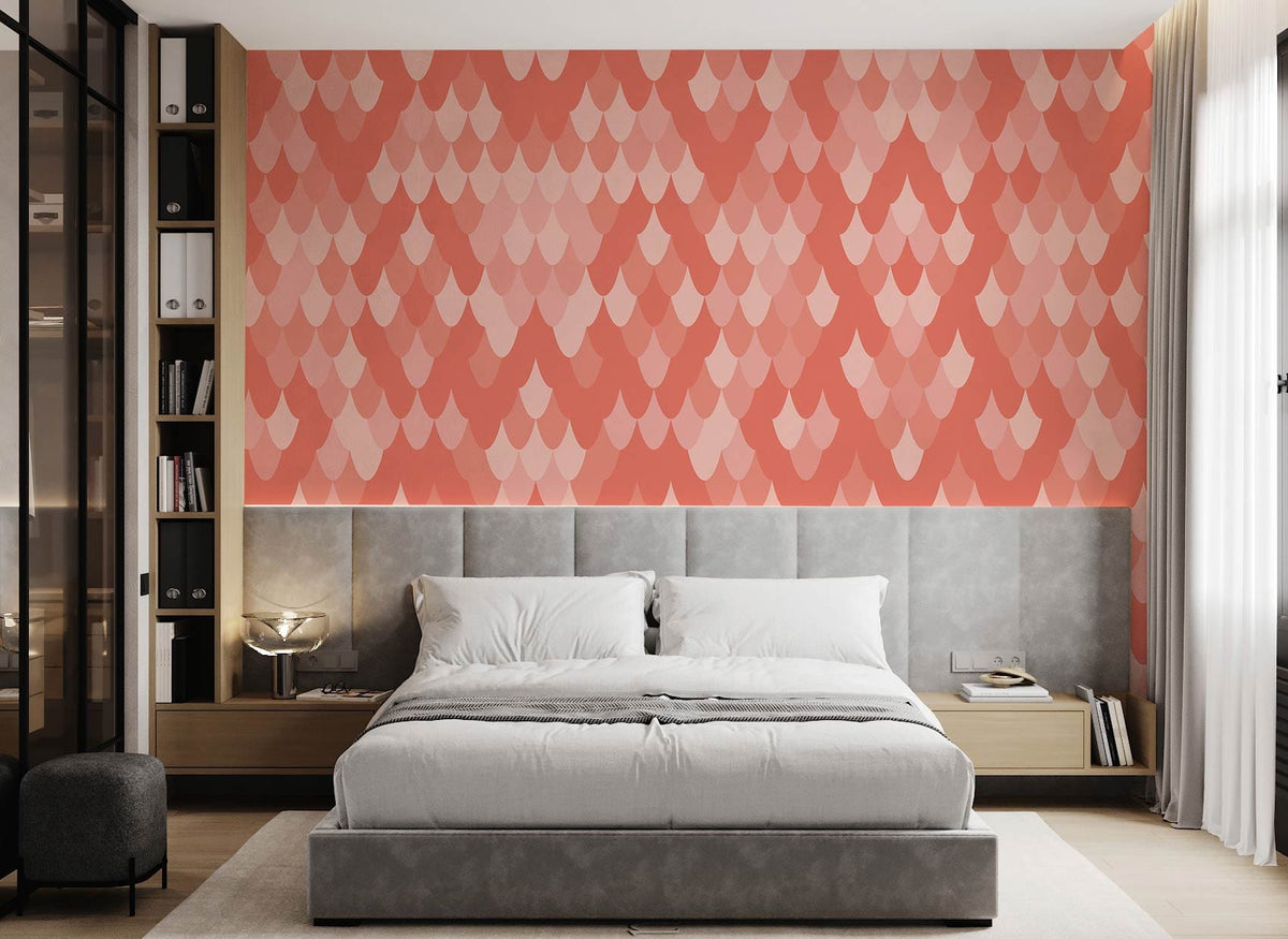 Coral Geometric Retro Scales Wallpaper in modern bedroom with grey bed, wooden shelves, and curtains.