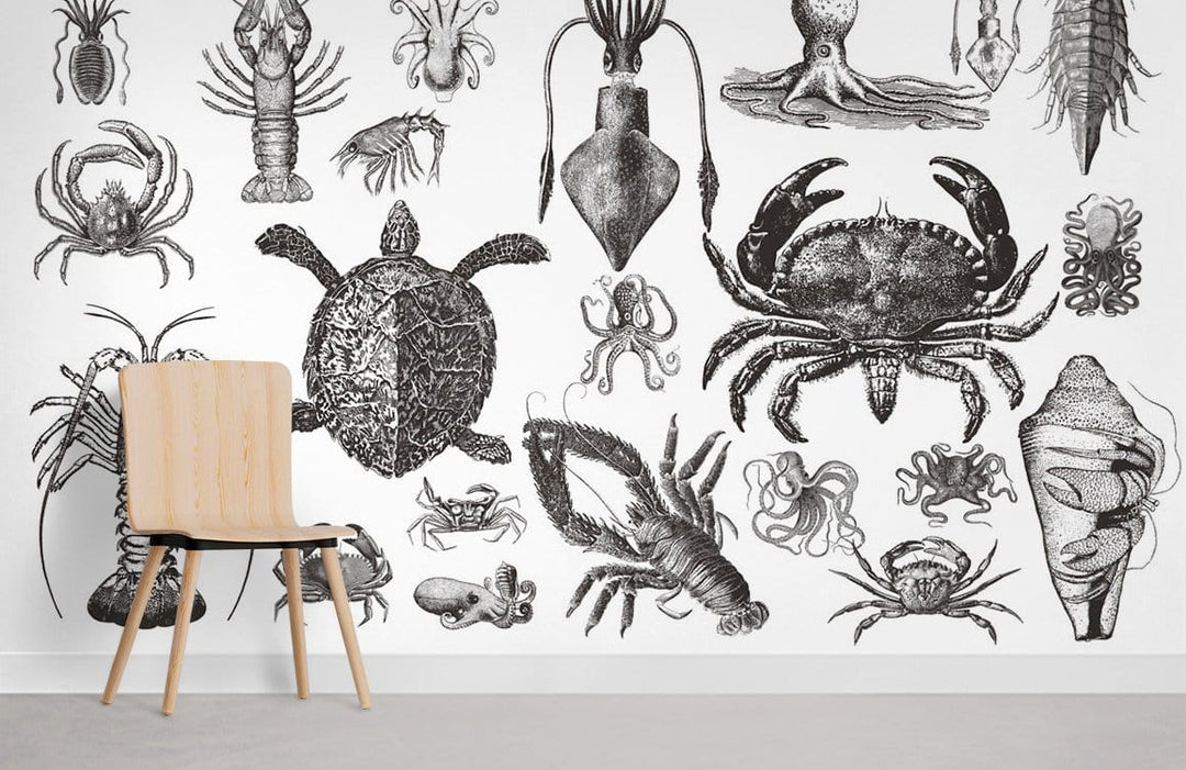 Vintage marine life illustration wallpaper with monochrome ocean creatures, wooden chair, grey flooring.