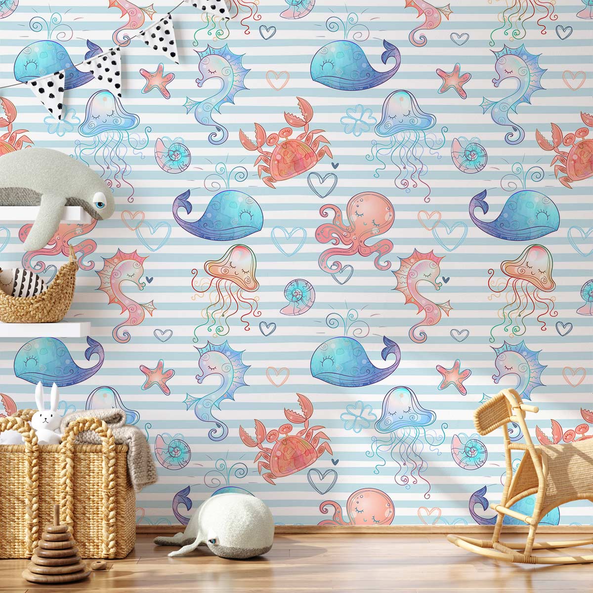 Whimsical Underwater Adventure Kids Wallpaper with pastel marine life, wicker baskets, wooden flooring, toys.