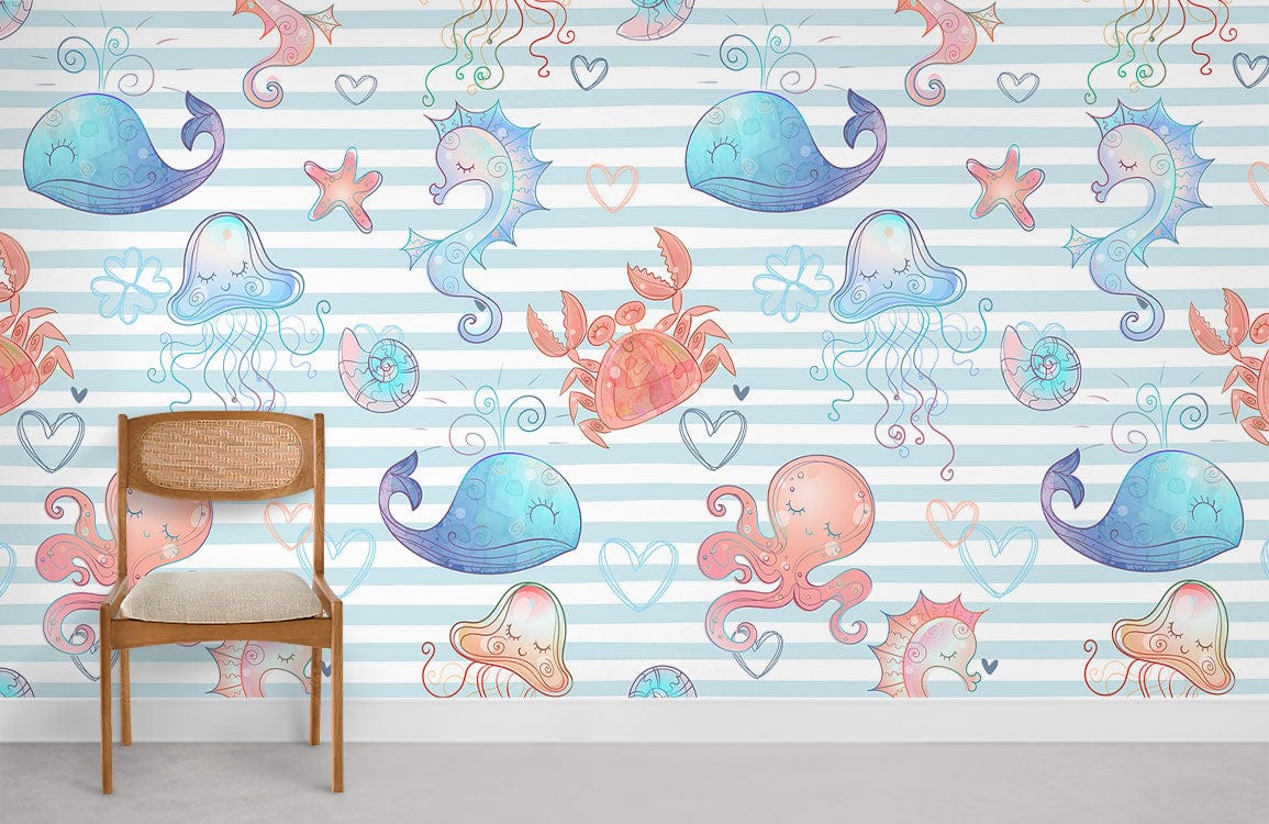 Whimsical wallpaper with pastel marine life, featuring a wooden chair on concrete floor in kids' room.