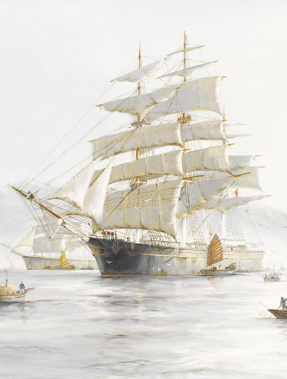 Vintage Maritime Adventure Wallpaper Mural in Soft Neutrals with Sailing Ships