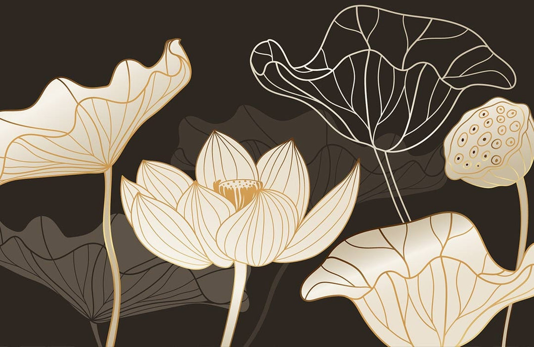 Elegant Gold Floral Pattern Mural Wallpaper with Dark Background Design