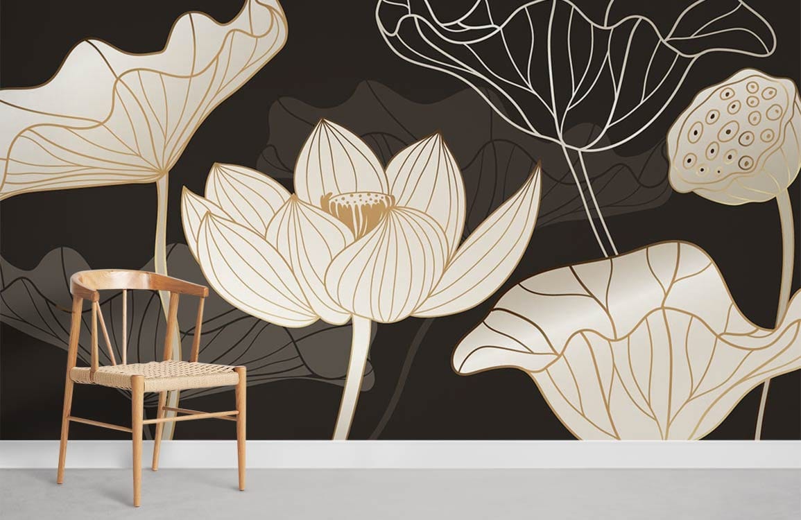Gold floral mural wallpaper with dark background, wooden chair, grey flooring, elegant interior design.