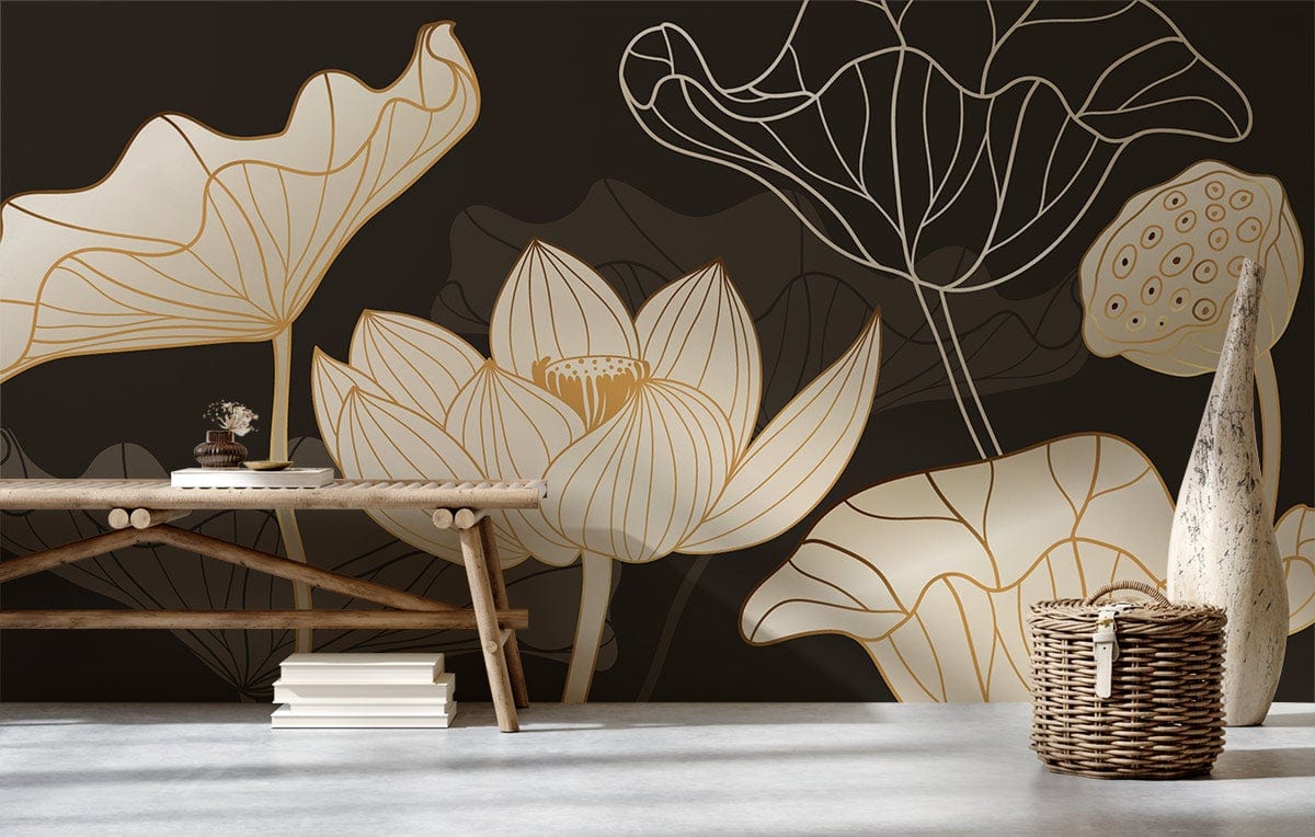 Elegant gold floral mural wallpaper on dark background in room with rustic wooden table and basket.
