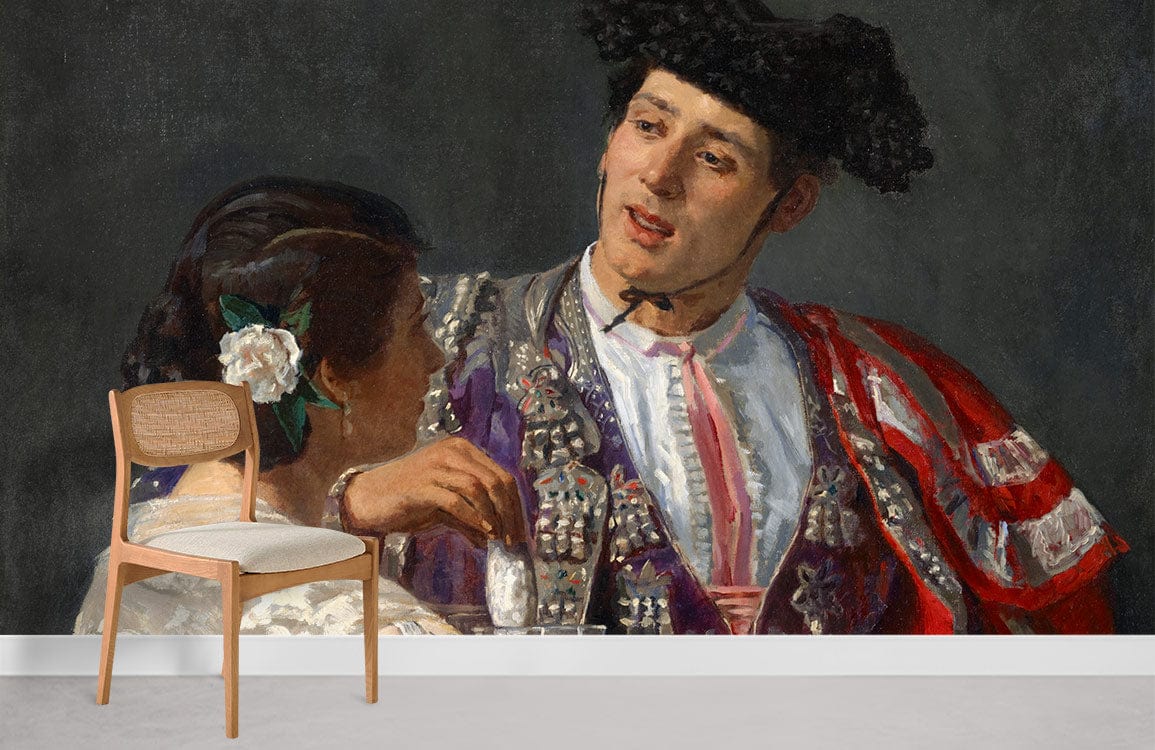 Spanish Romance Vintage Mural Wallpaper; traditional costume design, rustic chair, minimalist room, grey floor.