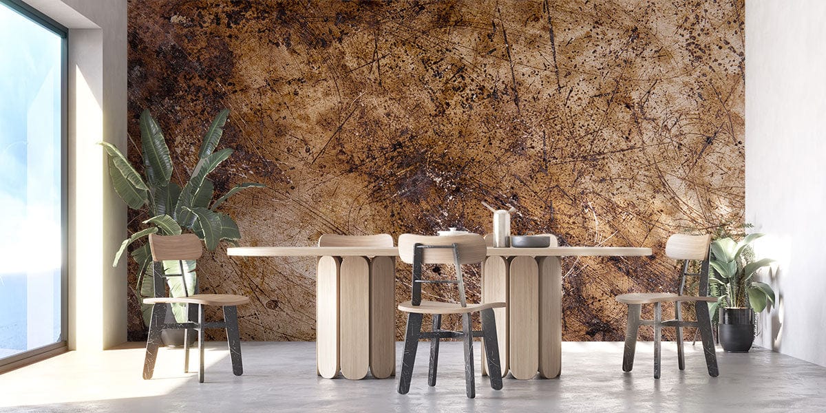 Vintage rustic brown industrial wallpaper with modern dining furniture, wooden chairs, concrete flooring, potted plants.