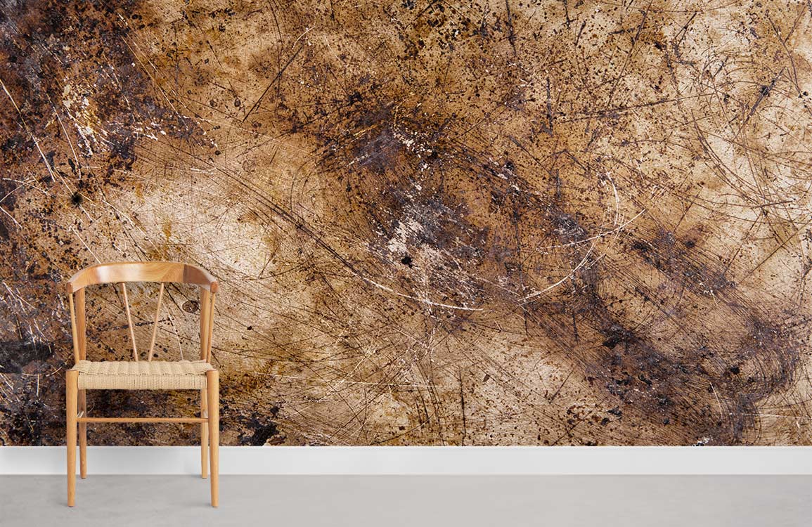 Vintage rustic brown industrial scratch effect wallpaper; wooden chair; grey flooring; enhances unique interiors.