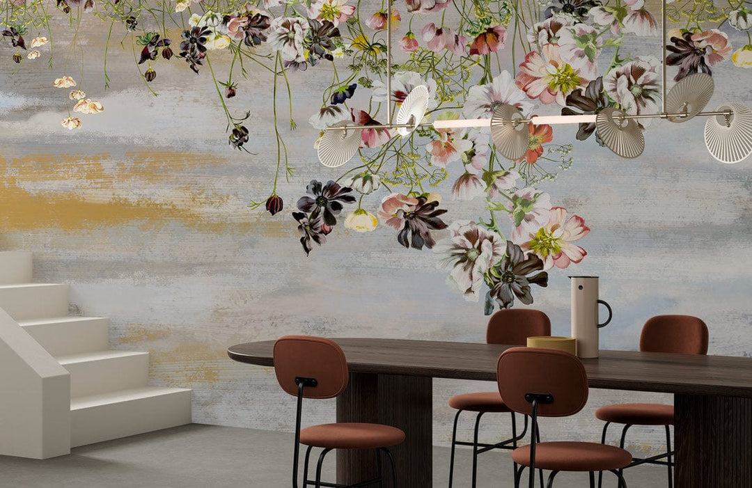Elegant Floral Cascade Mural Wallpaper in pastel tones, dining room with brown chairs, modern table.