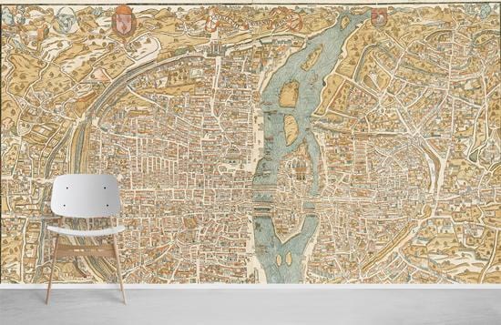 Vintage Paris map mural wallpaper in beige decor, featuring a white chair and grey flooring.