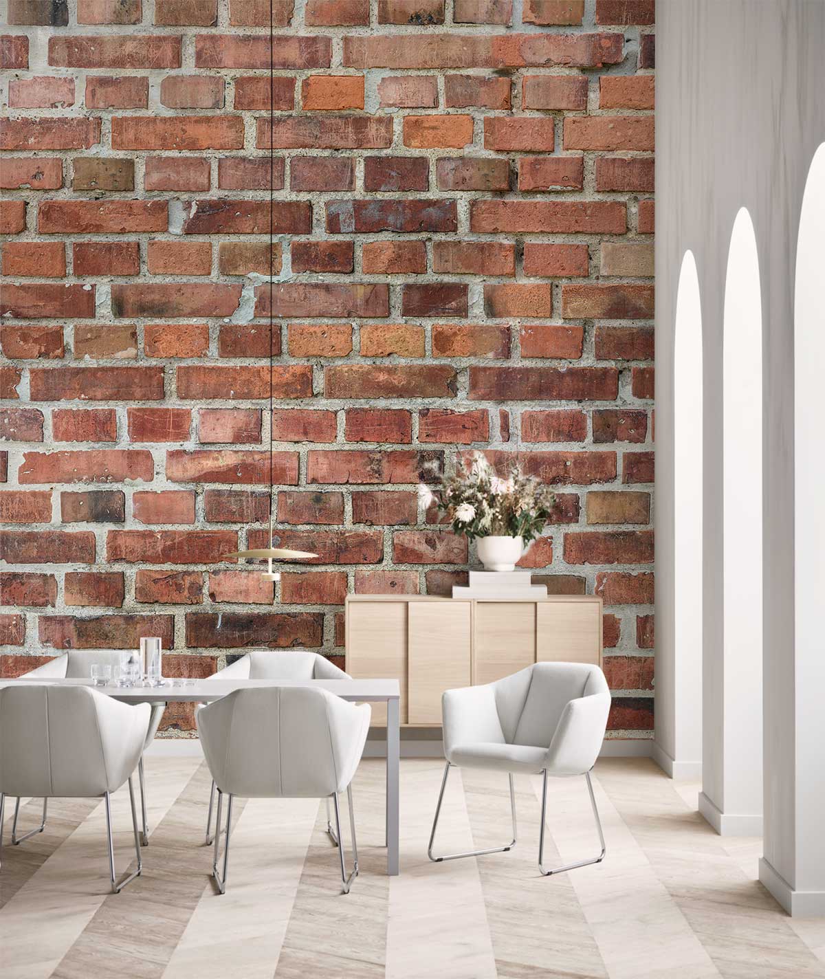 Rustic red brick wallpaper in vintage interior with white chairs, light wood flooring, and modern decor.