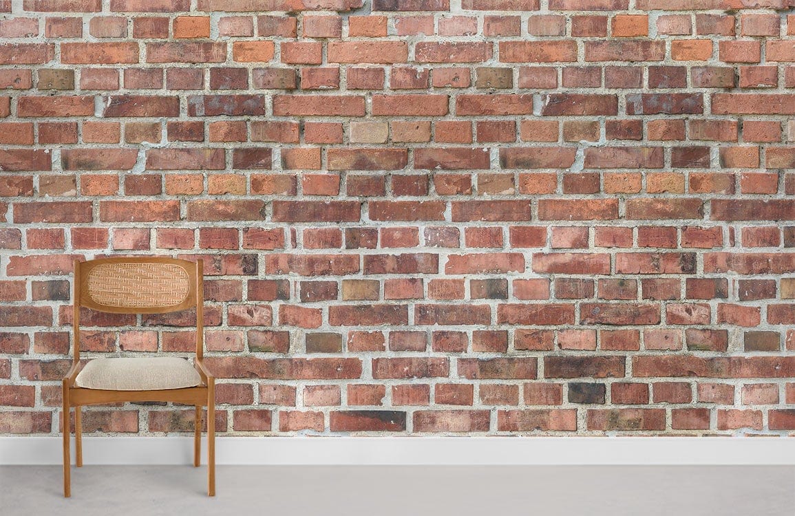 Rustic red brick effect wallpaper in vintage room with wooden chair and grey flooring.