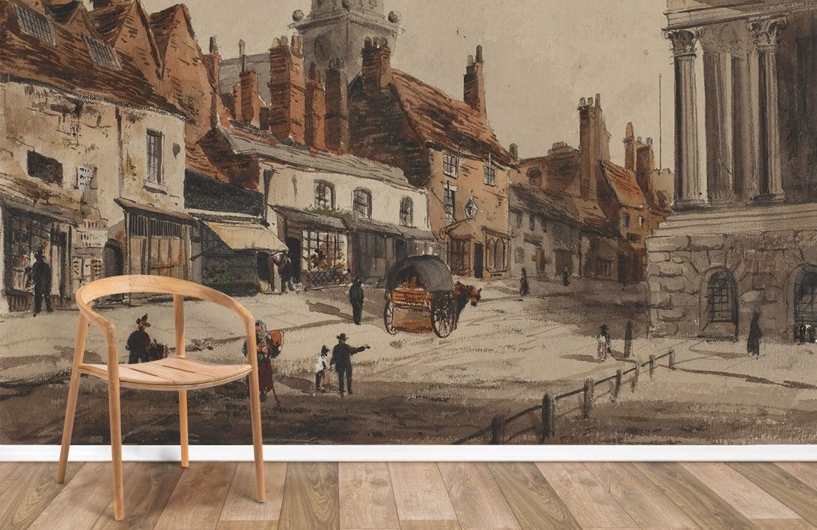 Vintage English village mural wallpaper, rustic earth tones, wooden chair, hardwood flooring, classic room.