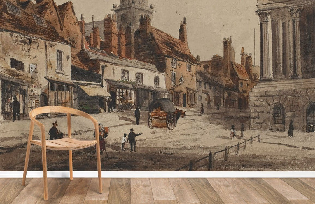 Vintage English village mural wallpaper, rustic earth tones, wooden chair, hardwood flooring, classic room.
