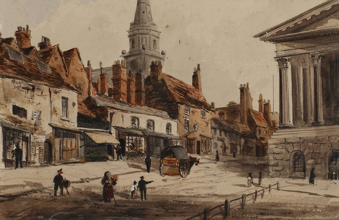 Vintage English Village Street Scene Mural Wallpaper in Rustic Earth Tones