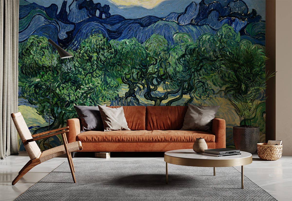 Van Gogh-inspired mural with lush green landscape, orange sofa, grey rug, and stylish mid-century armchair.