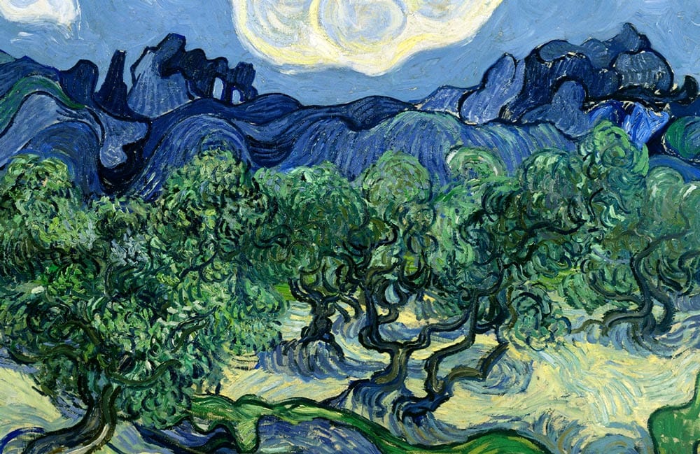 Van Gogh Inspired Lush Green Landscape Mural Wallpaper - Artistic Blue Brushstrokes