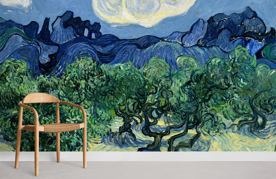 Van Gogh-inspired green landscape wallpaper with blue brushstrokes, wooden chair, light grey flooring.