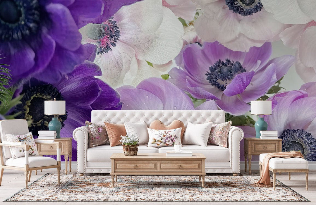 Elegant Purple White Anemone Floral Mural Wallpaper in modern living room with white sofa, wooden tables.
